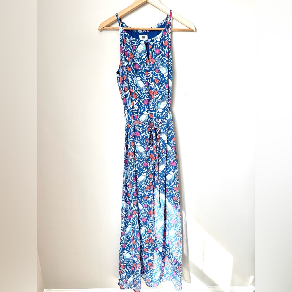 Blue Floral and Bird Tropical Maxi Dress Vacation Travel